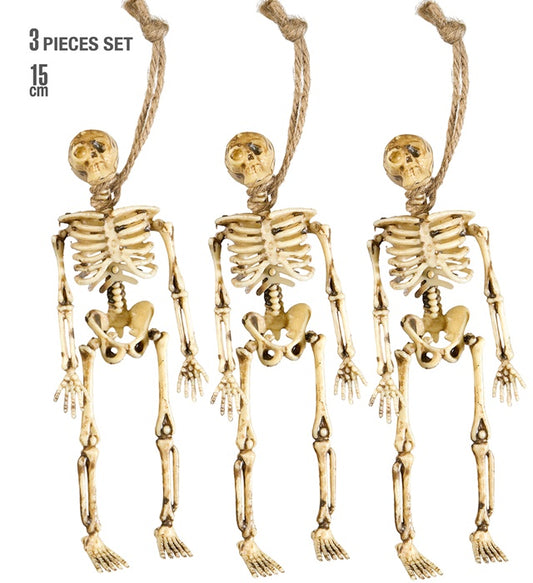 Set von drei kleinen Skelett-Figuren jeweils 15 cm groß auf weißem Hintergrund