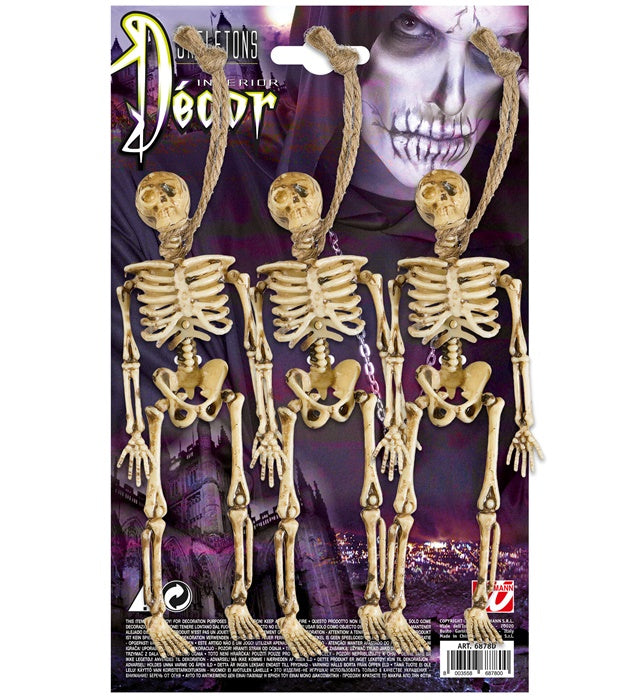 Set von drei kleinen Skelett-Figuren jeweils 15 cm groß auf weißem Hintergrund