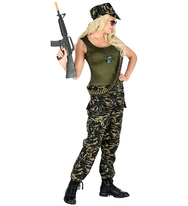 Soldatin-Kostüm bestehend aus Tanktop, Hose und Basecap für Fasnacht und Karneval