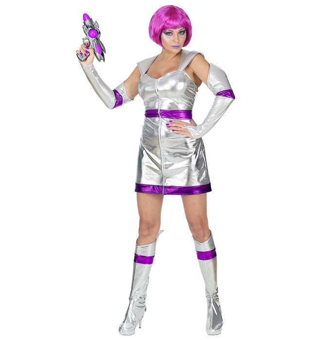 Space Girl Kostüm bestehend aus Kleid, fingerlosen Handschuhen und Stiefelüberziehern