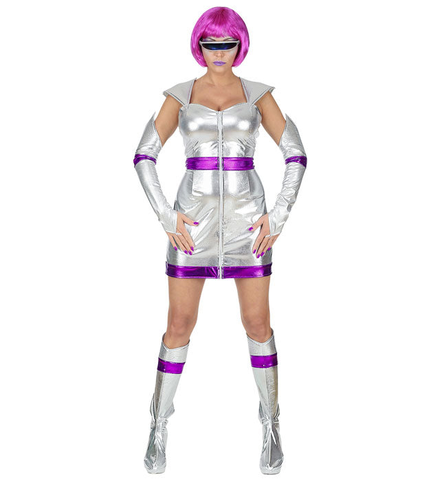 Space Girl Kostüm bestehend aus Kleid, fingerlosen Handschuhen und Stiefelüberziehern