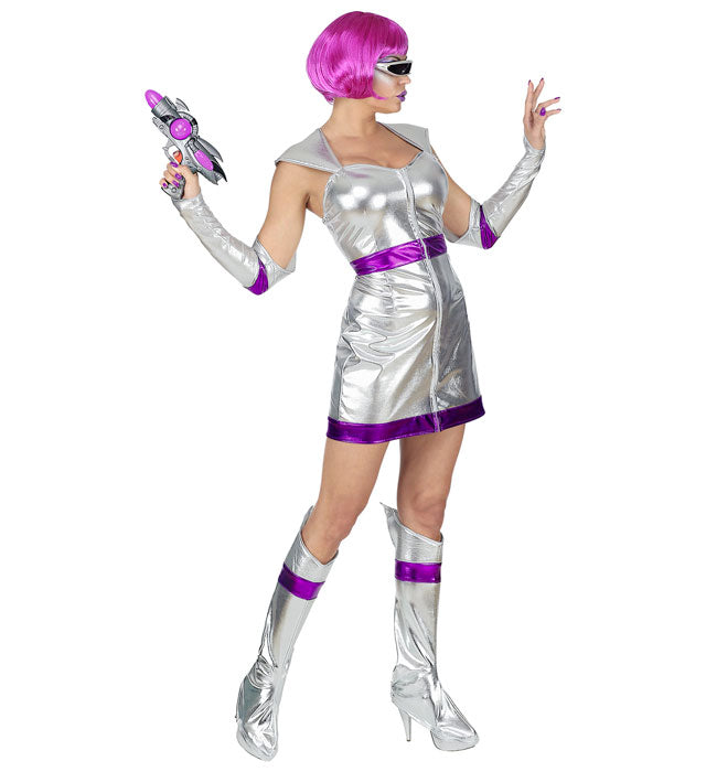 Space Girl Kostüm bestehend aus Kleid, fingerlosen Handschuhen und Stiefelüberziehern