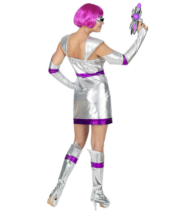 Space Girl Kostüm bestehend aus Kleid, fingerlosen Handschuhen und Stiefelüberziehern