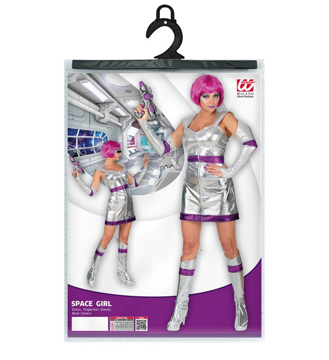 Space Girl Kostüm bestehend aus Kleid, fingerlosen Handschuhen und Stiefelüberziehern