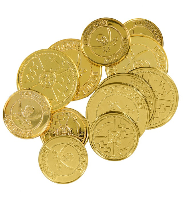 Set mit 12 goldfarbenen Dublonen als Piraten-Kostümzubehör