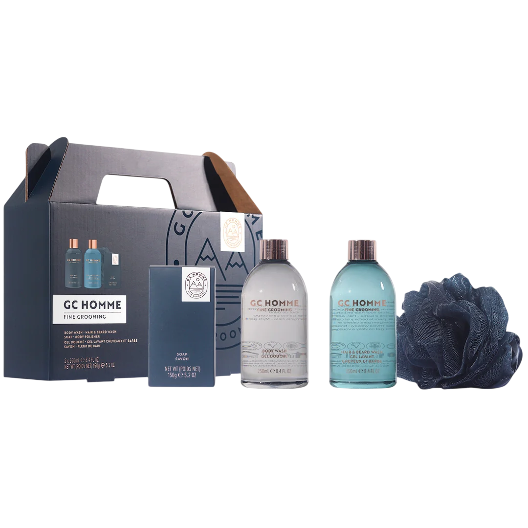 Set The Luxury Bathing Company: GC Homme, Relaxes & Relieves Tension, Body Wash, 250 ml + GC Homme, Citrus & Aromatic, Shower Gel & Shampoo 2-In-1, 250 ml + GC Homme, Cleansing & Moisturising, Scented Soap Bar, 150 g + GC Homme, Cleanse & Scrub,