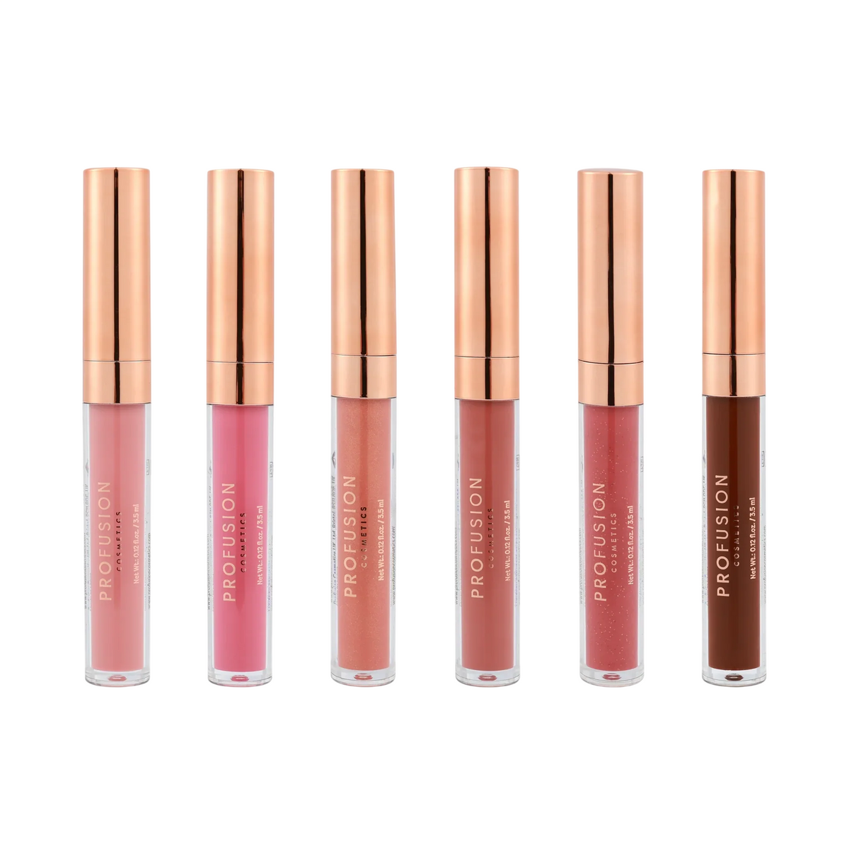 Set Profusion Cosmetics: Pucker Up, Lip Gloss, Rosy Nude, 3.5 ml + Pucker Up, Lip Gloss, Bright Pink, 3.5 ml + Pucker Up, Lip Gloss, Peachy Nude, 3.5 ml + Pucker Up, Lip Gloss, Warm Rosy Brown, 3.5 ml + Pucker Up, Lip Gloss, Deep Rose, 3.5 ml +