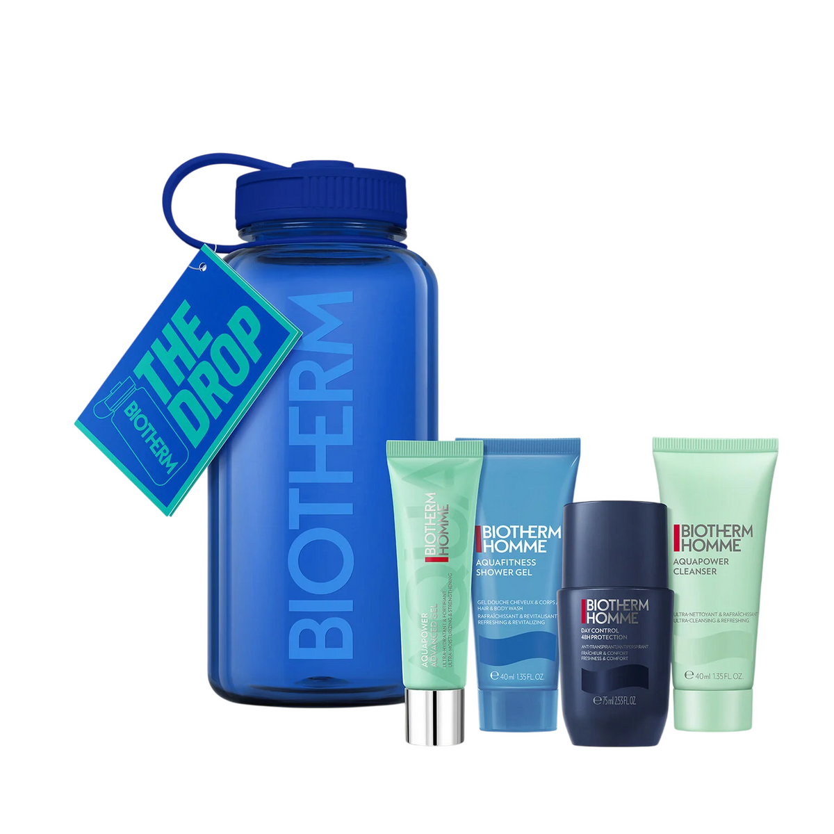 Set Biotherm: Aquafitness, Shower Gel, 40 ml + Day Control, 72h Protection, Deodorant Roll-On, For Men, 75 ml + Aquapower, Eliminates Impurities, Cleansing Gel, For Face, 40 ml + Aquapower, Hydrating, Daily, Gel, For Face, 30 ml + Biotherm, Water