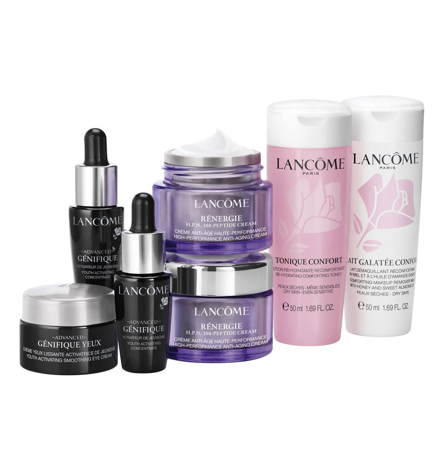 Set Lancome: Renergie HPN 300-Peptide, Anti-Aging, Daily, Cream, For Face, 2 pcs, 15 ml + Advanced Genifique, Anti-Aging, Serum, For Face, 2 pcs, 7 ml *Miniature + Advanced Genifique, Hydration, Eye Cream, 5 ml + Galatée Confort, Free of allergens,