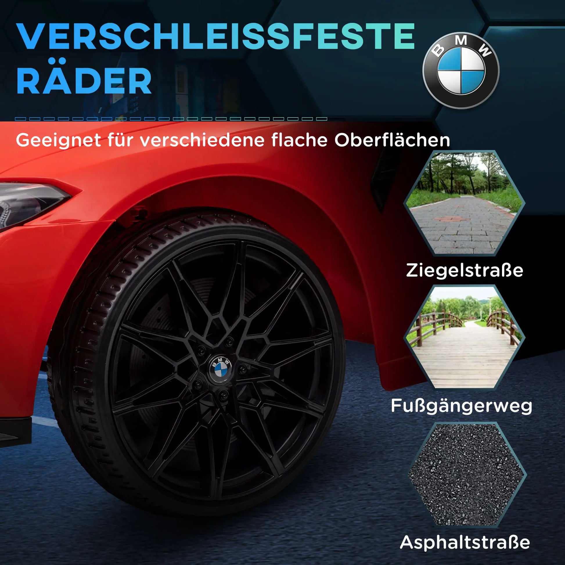 Rotes BMW M4 Elektro Kinderauto mit Fernsteuerung und LED-Scheinwerfern für Kinder ab 3 Jahren.