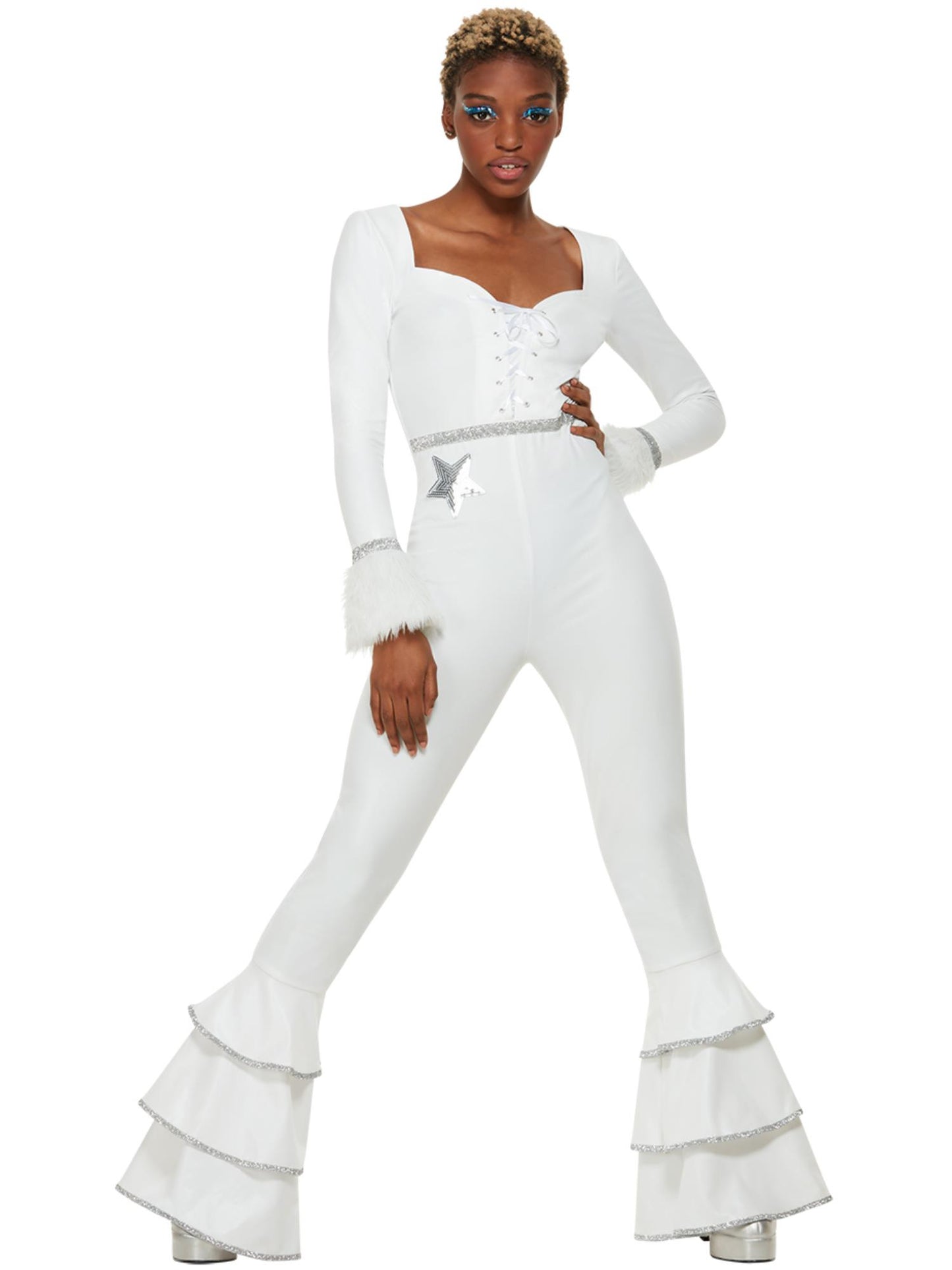 Smiffys 1970er Glam-Kostüm in Weiss für Damen mit Ruffled Overall