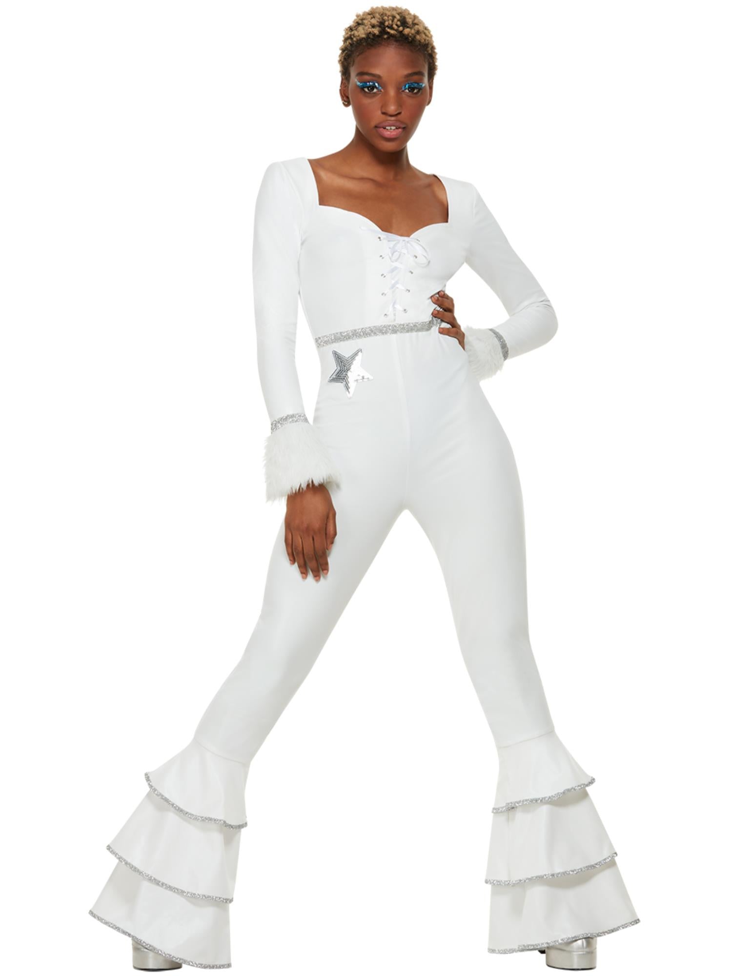 Smiffys 1970er Glam-Kostüm in Weiss für Damen mit Ruffled Overall