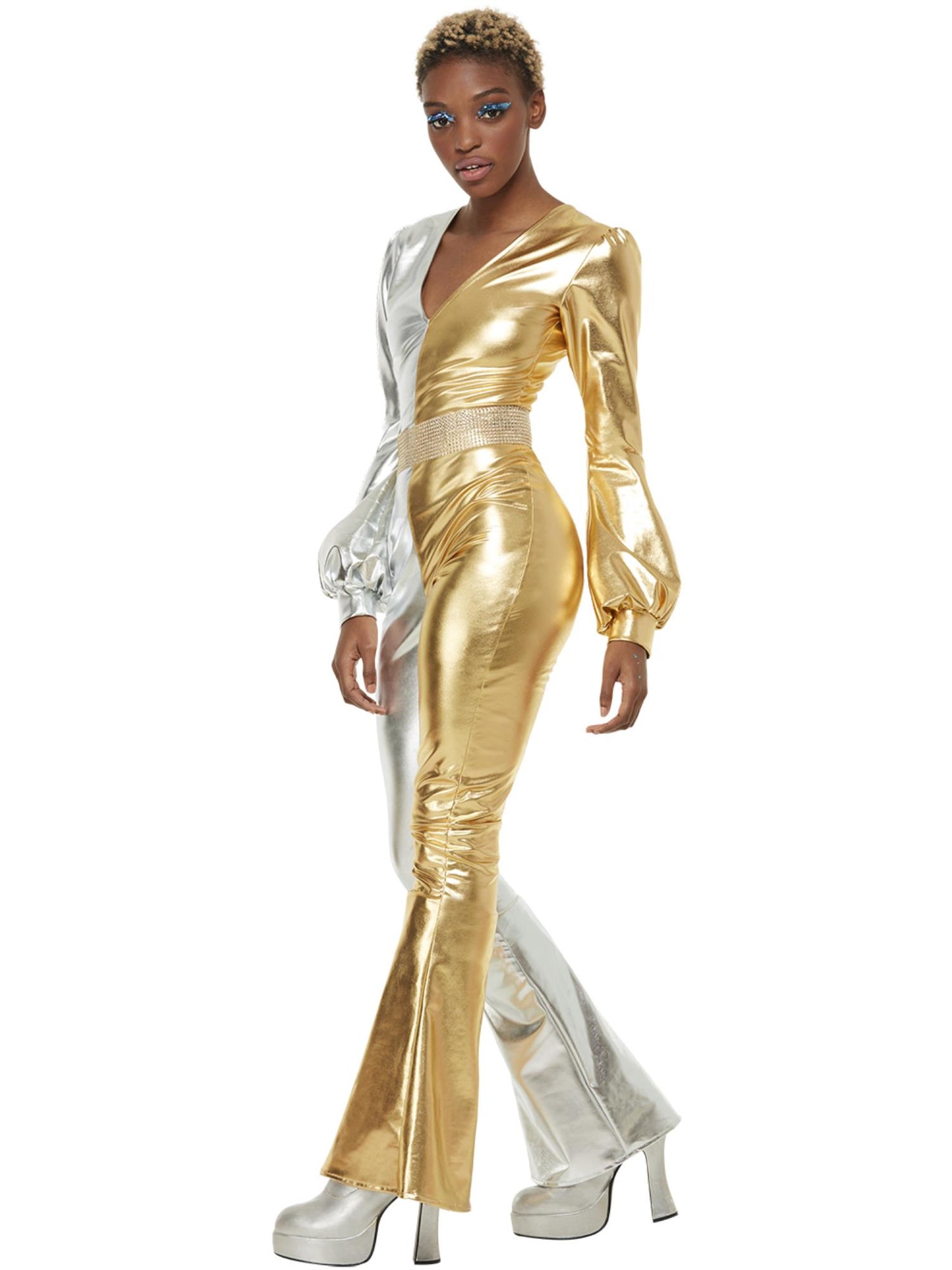 Smiffys 1970er-Jahre-Kostüm Super Chic für Damen in Gold und Silber