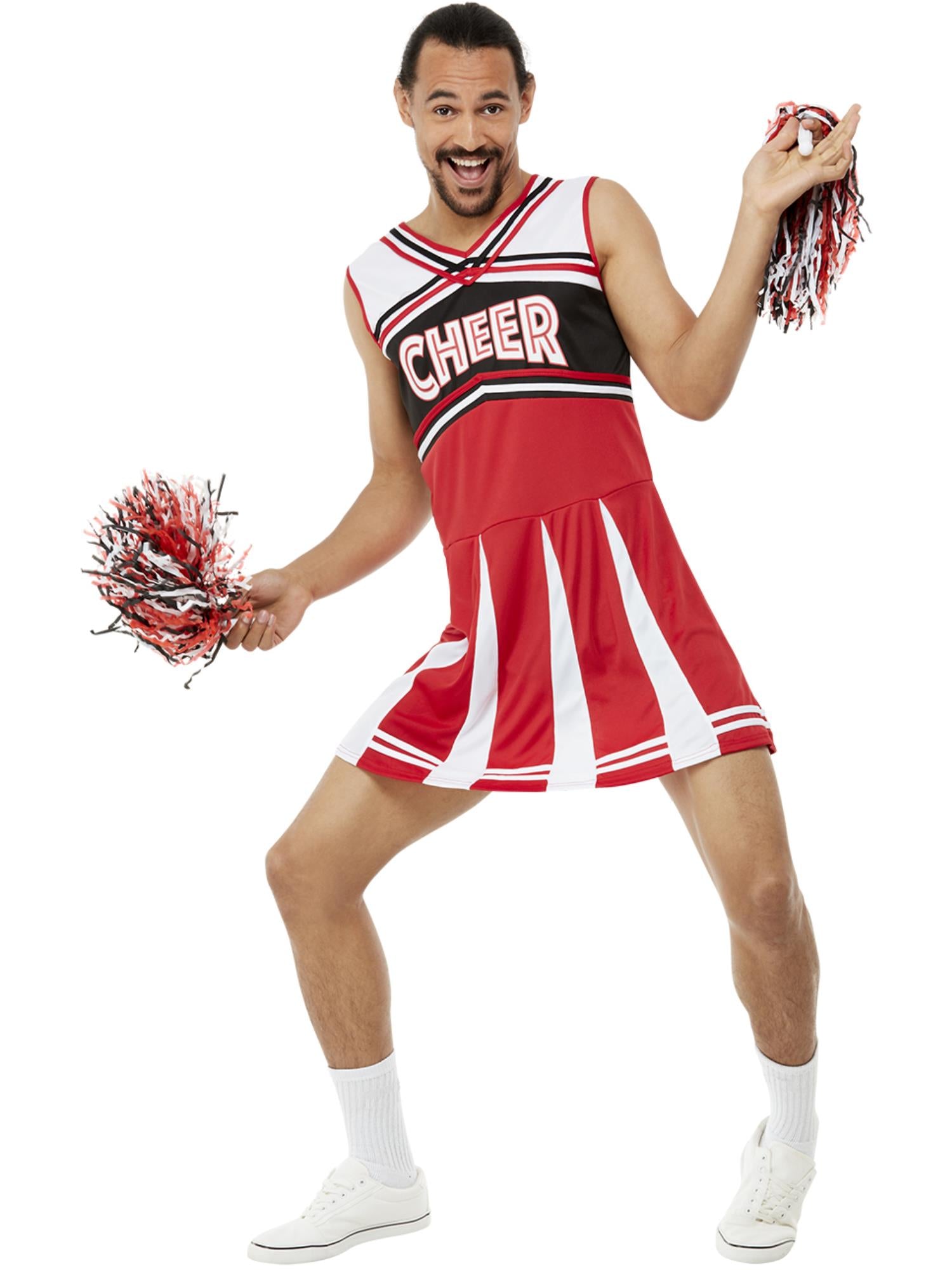 Smiffys COMEDY Cheerleader-Kostüm für Herren in Weiss und Rot mit Kleid und Pom Poms