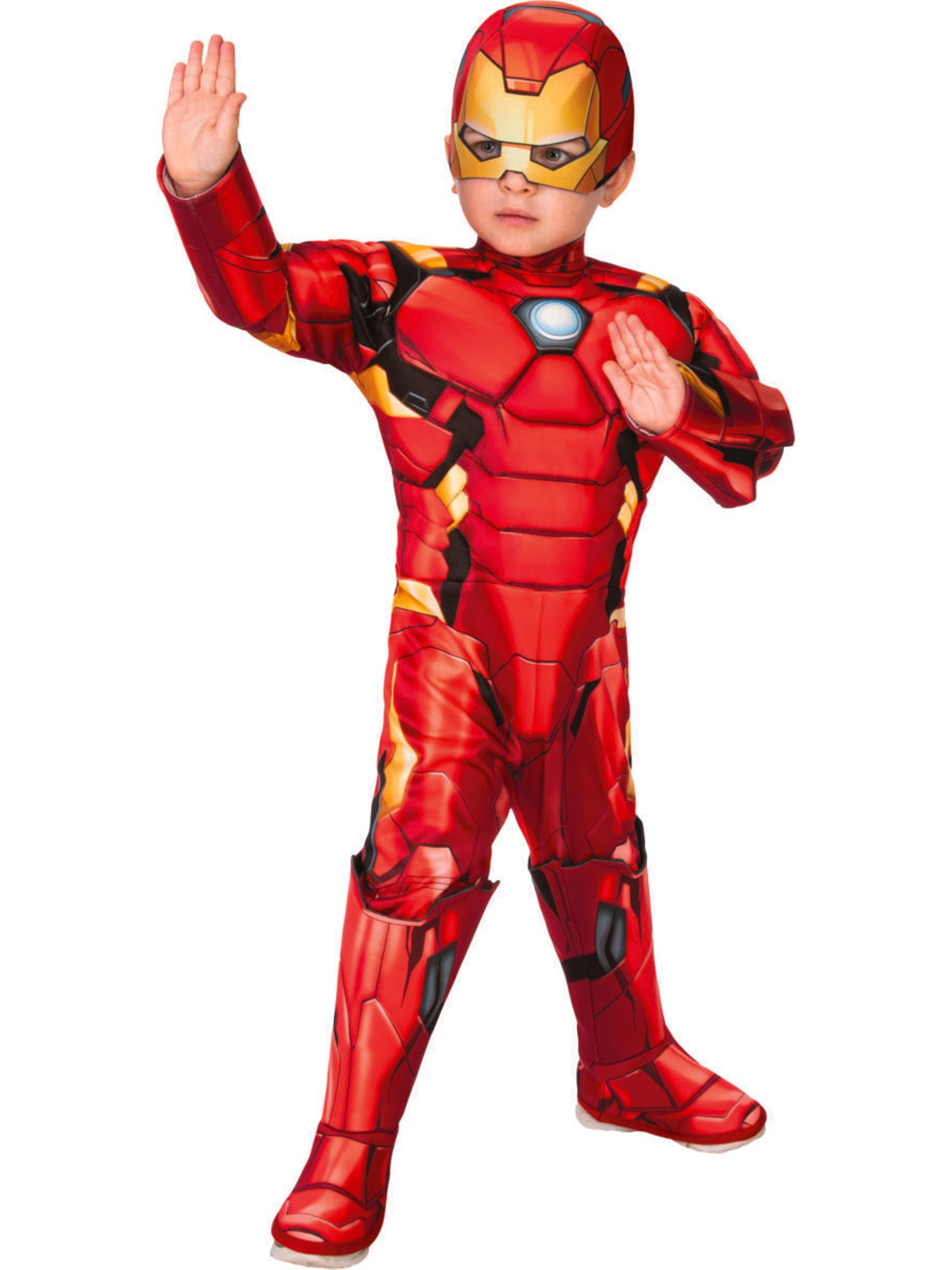 Rubies Iron Man Deluxe Kinderkostüm für Jungen mit Overall und Stoff-Kopfbedeckung