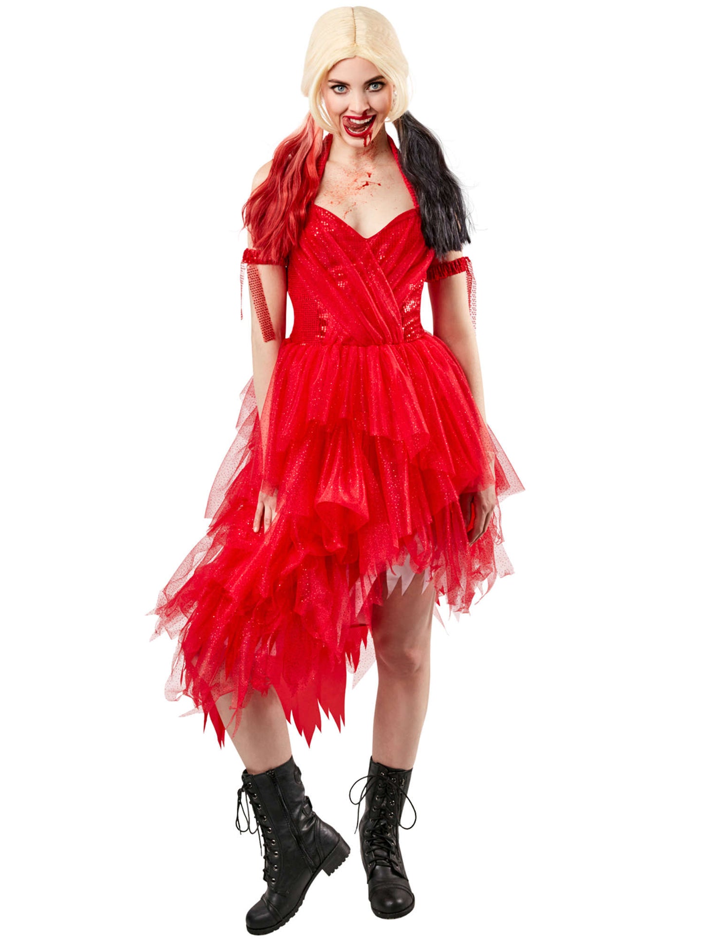 Rubies Harley Quinn Red Dress Kostüm für Damen mit rotem Kleid und Ärmelstulpen