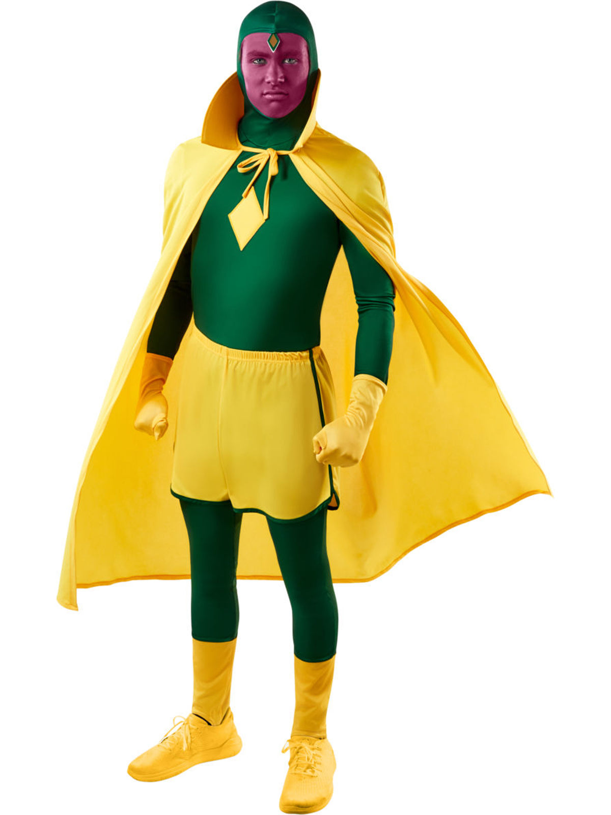 Rubies Marvel Vision Kostüm für Erwachsene mit Overall, Umhang, Shorts und Handschuhen – Produktansicht