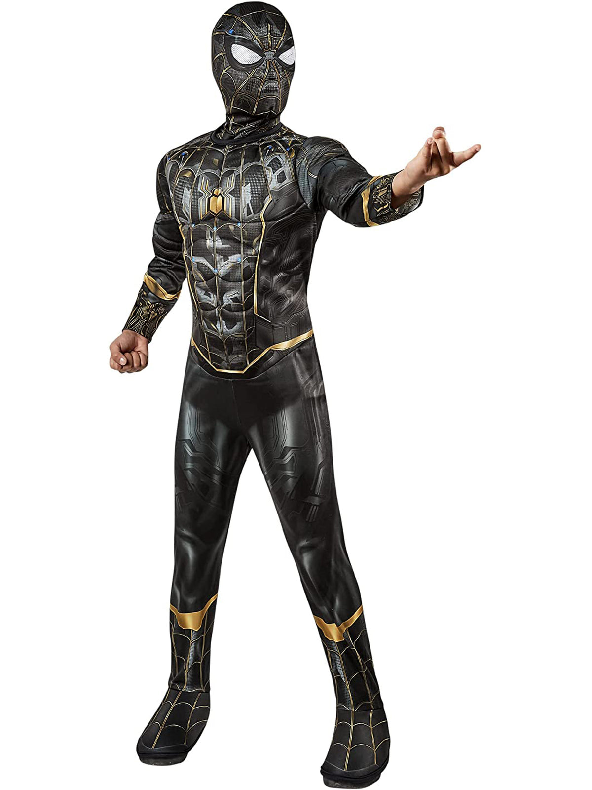 Spider-Man Kinderkostüm in Schwarz und Gold von Rubies mit Overall und Stoffmaske – Produktansicht