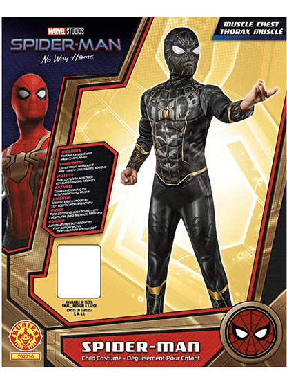 Spider-Man Kinderkostüm in Schwarz und Gold von Rubies mit Overall und Stoffmaske – Detailansicht