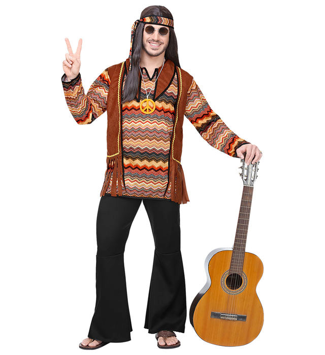 Hippie-Kostüm bestehend aus Hemd, Weste, Hose, Stirnband und Kette in bunten Farben
