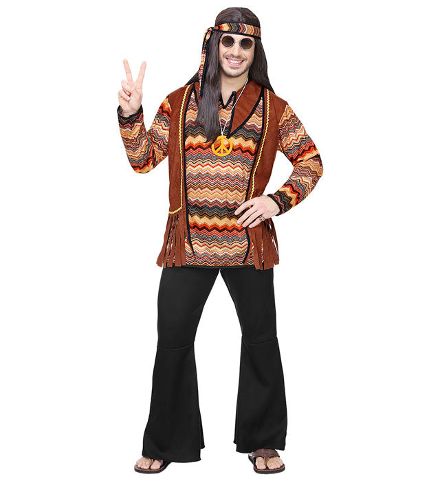 Hippie-Kostüm bestehend aus Hemd, Weste, Hose, Stirnband und Kette in bunten Farben