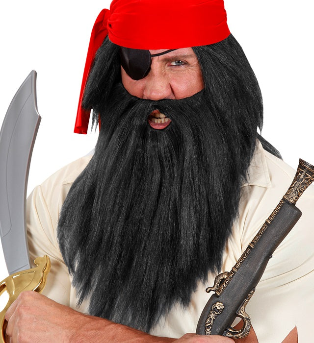 Schwarze Piraten-Charakterperücke mit Bart im Detail