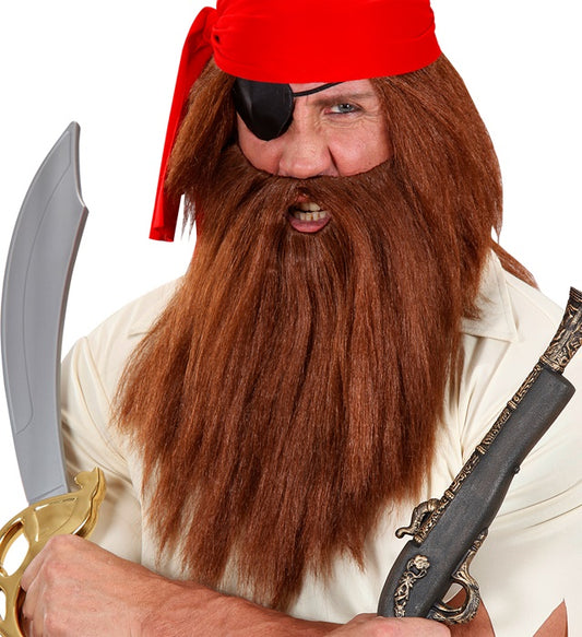 Braune Piraten-Charakterperücke mit Bart auf weißem Hintergrund