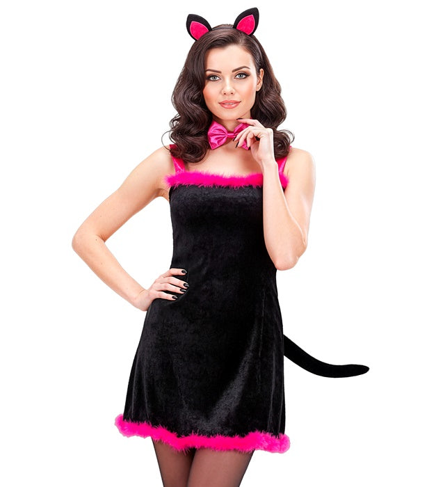 Samtkleid mit Katzenohren, Schwanz und Fliege – Katzenkostüm Fasnacht