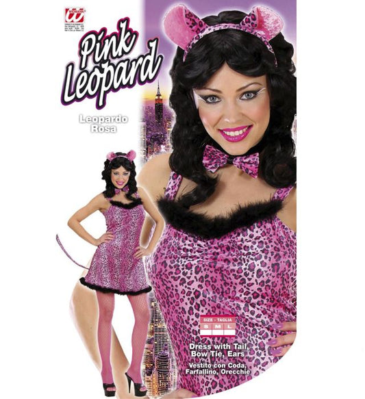 Rosa Leopardenkostüm mit Kleid, Schwanz, Fliege und Leopardenohren