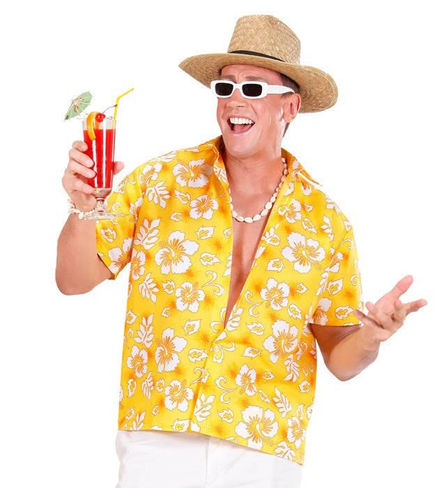 Gelbes Hawaiihemd mit tropischem Muster für Fasnacht und Karneval