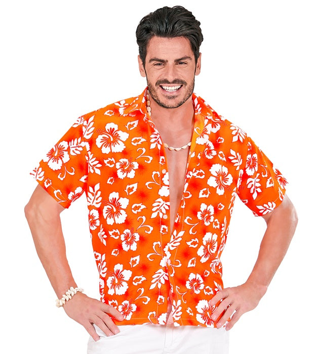 Orangefarbenes Hawaiihemd mit tropischem Muster für Fasnacht und Karneval