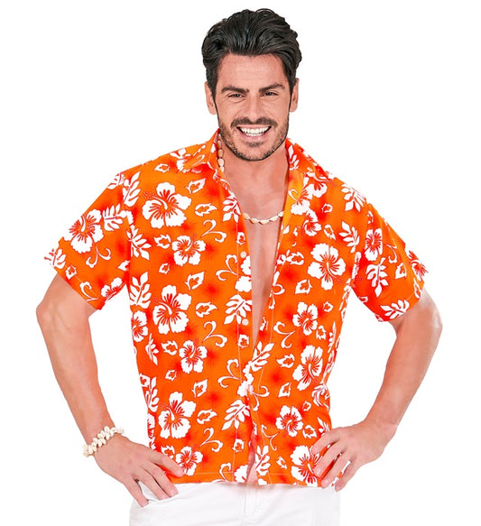 Orangefarbenes Hawaiihemd mit tropischem Muster für Fasnacht und Karneval