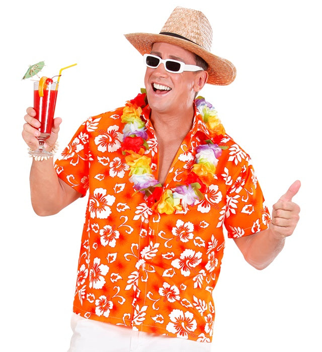 Orangefarbenes Hawaiihemd mit tropischem Muster für Fasnacht und Karneval