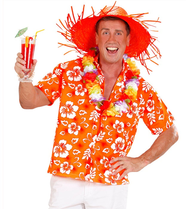 Orangefarbenes Hawaiihemd mit tropischem Muster für Fasnacht und Karneval