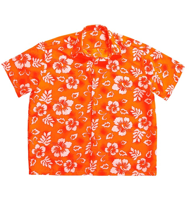 Orangefarbenes Hawaiihemd mit tropischem Muster für Fasnacht und Karneval