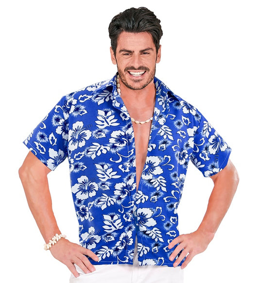 Blaues Hawaiihemd mit floralem Muster für Fasnacht und Karneval