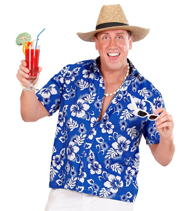 Blaues Hawaiihemd mit floralem Muster für Fasnacht und Karneval