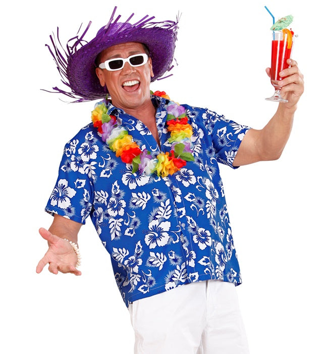 Blaues Hawaiihemd mit floralem Muster für Fasnacht und Karneval
