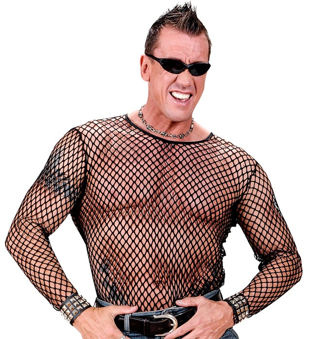 Schwarzes 80er Jahre Punk Rocker Netzshirt, ideal für Fasnacht und Mottopartys