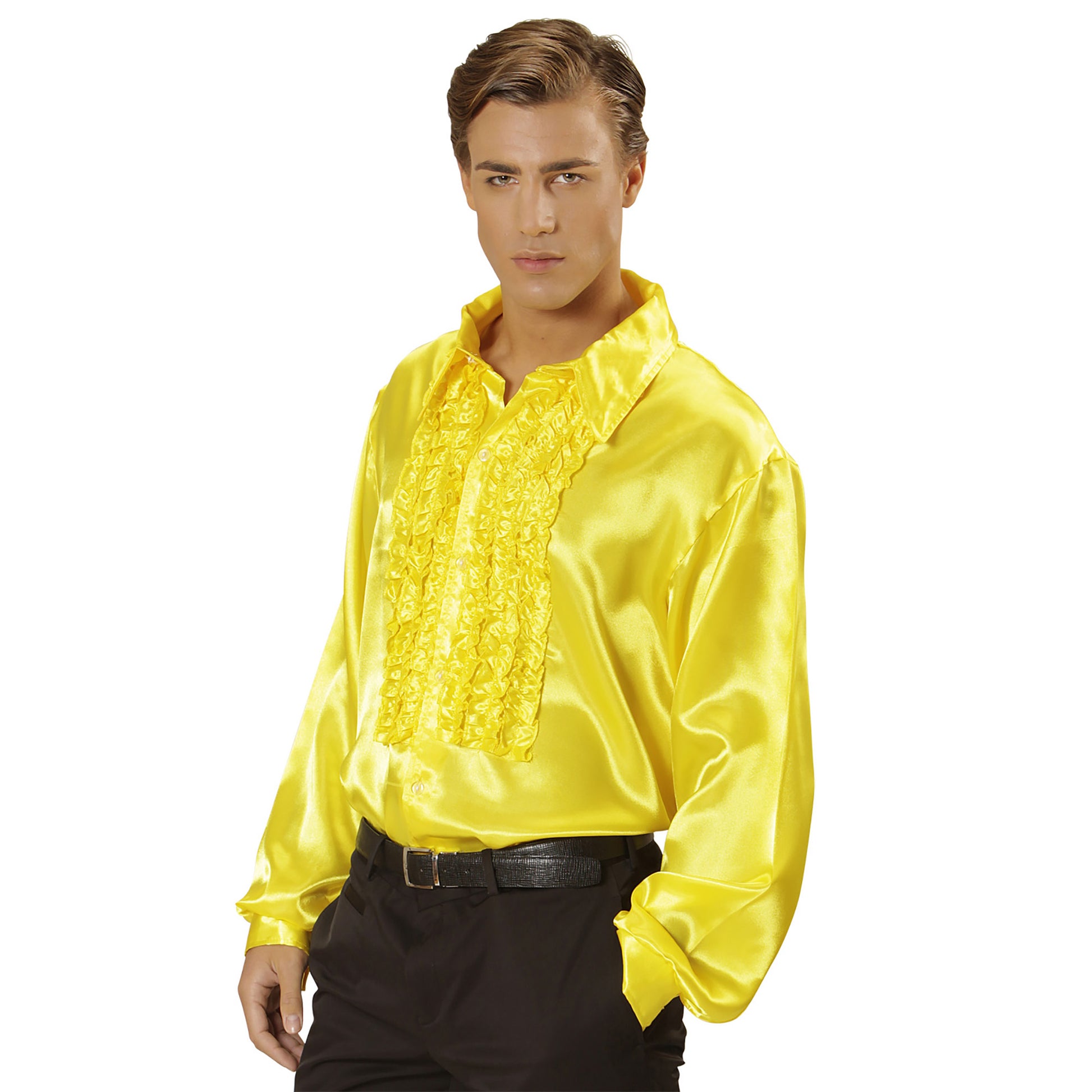 "70er JAHRE DISCO FASHION - GELB" (Rüschenhemd aus Satin) – Vorderansicht