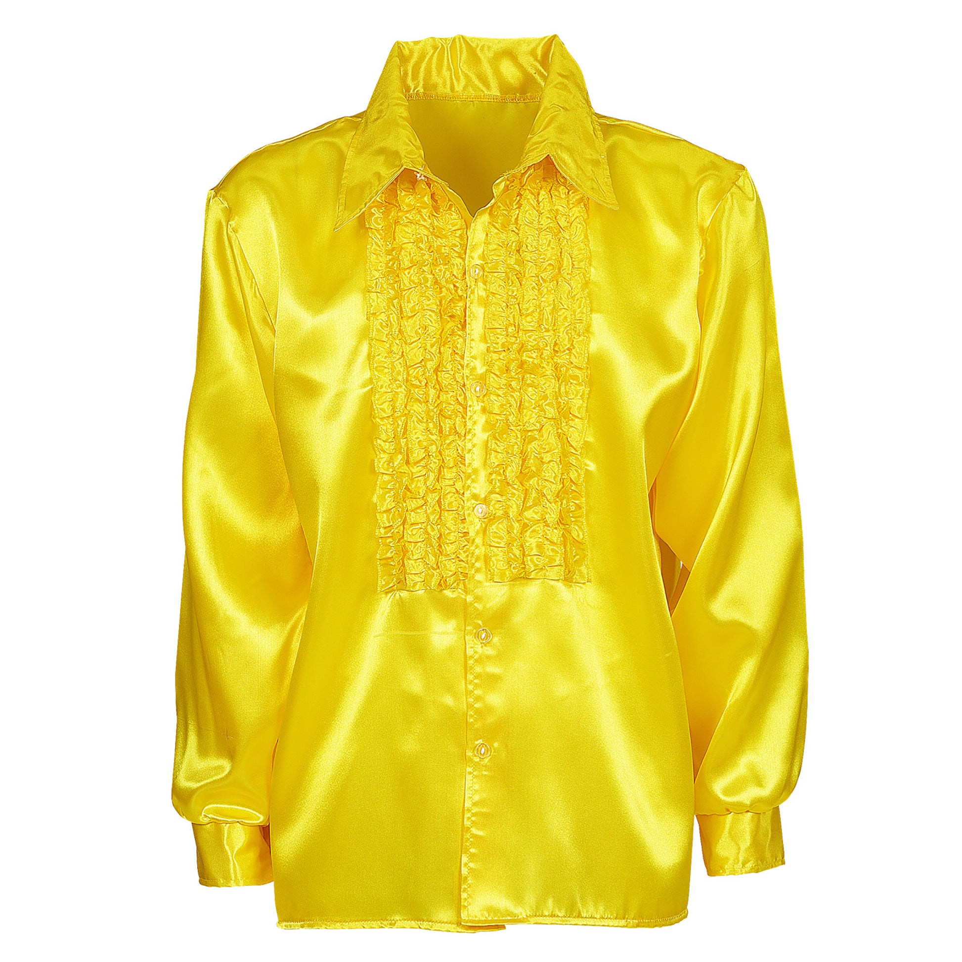 "70er JAHRE DISCO FASHION - GELB" (Rüschenhemd aus Satin) – Detailansicht