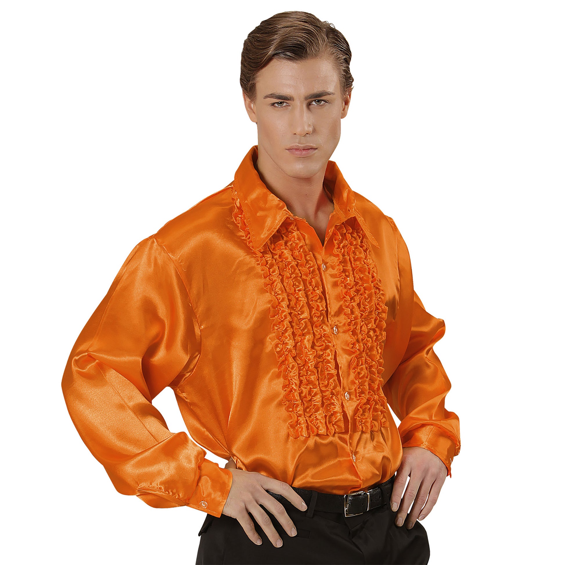 "70er JAHRE DISCO FASHION - ORANGE" (Rüschenhemd aus Satin) – Vorderansicht