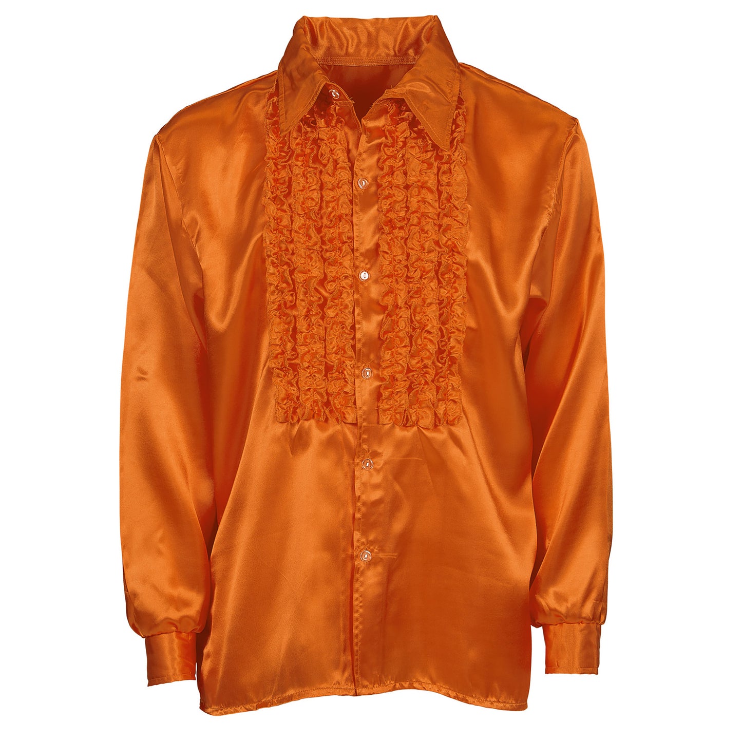 "70er JAHRE DISCO FASHION - ORANGE" (Rüschenhemd aus Satin) – Detailansicht