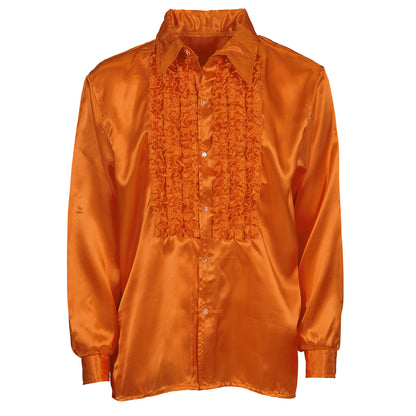 "70er JAHRE DISCO FASHION - ORANGE" (Rüschenhemd aus Satin) – Detailansicht