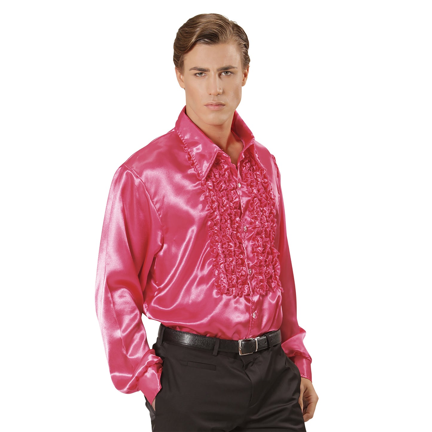 "70er JAHRE DISCO FASHION - PINK" (Rüschenhemd aus Satin) – Vorderansicht