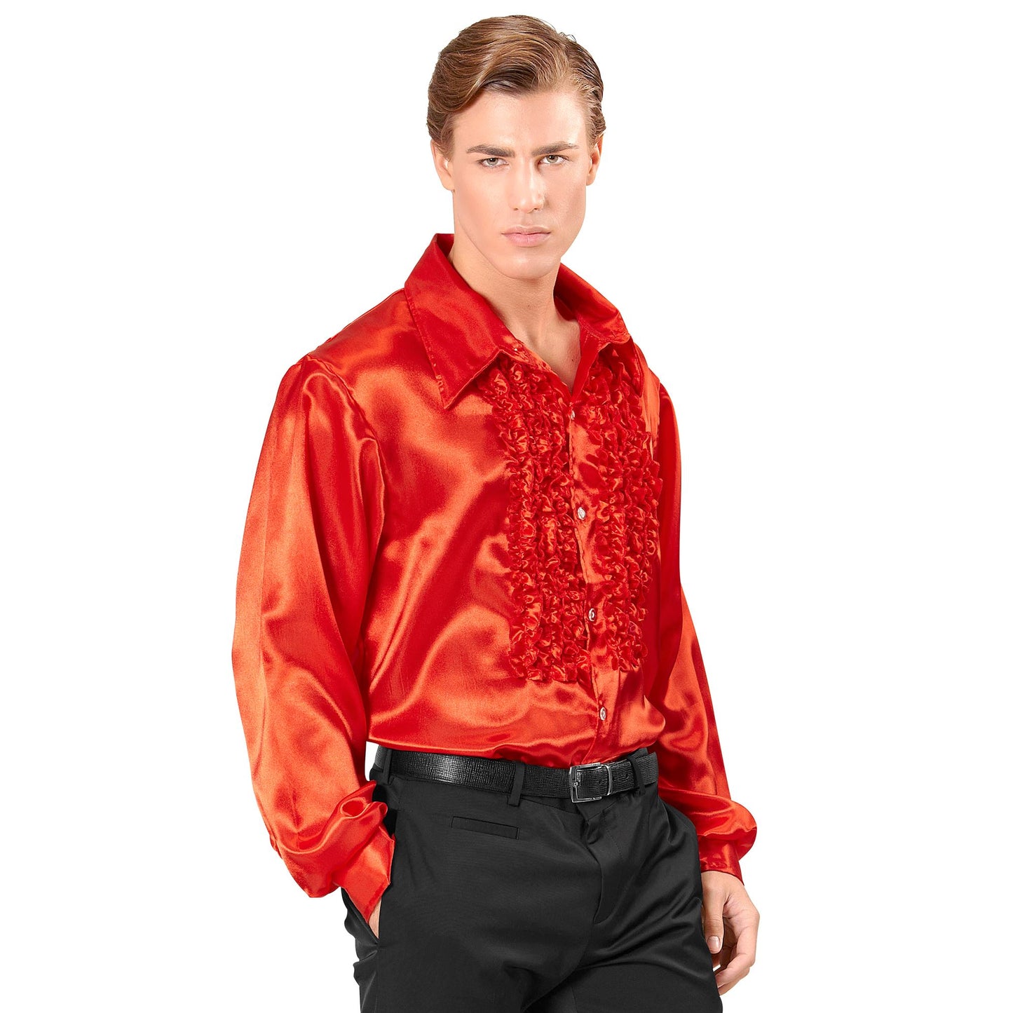 "70er JAHRE DISCO FASHION - ROT" (Rüschenhemd aus Satin) – Vorderansicht