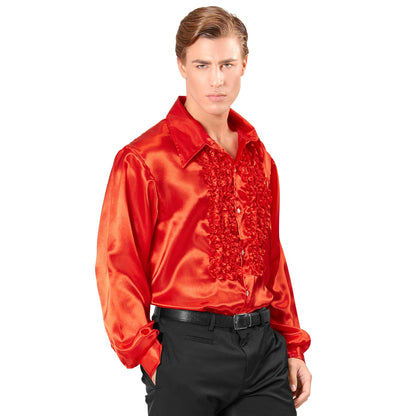 "70er JAHRE DISCO FASHION - ROT" (Rüschenhemd aus Satin) – Vorderansicht