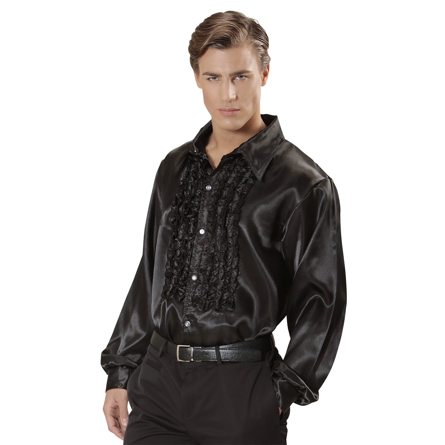 "70er JAHRE DISCO FASHION - SCHWARZ" (Rüschenhemd aus Satin) – Vorderansicht