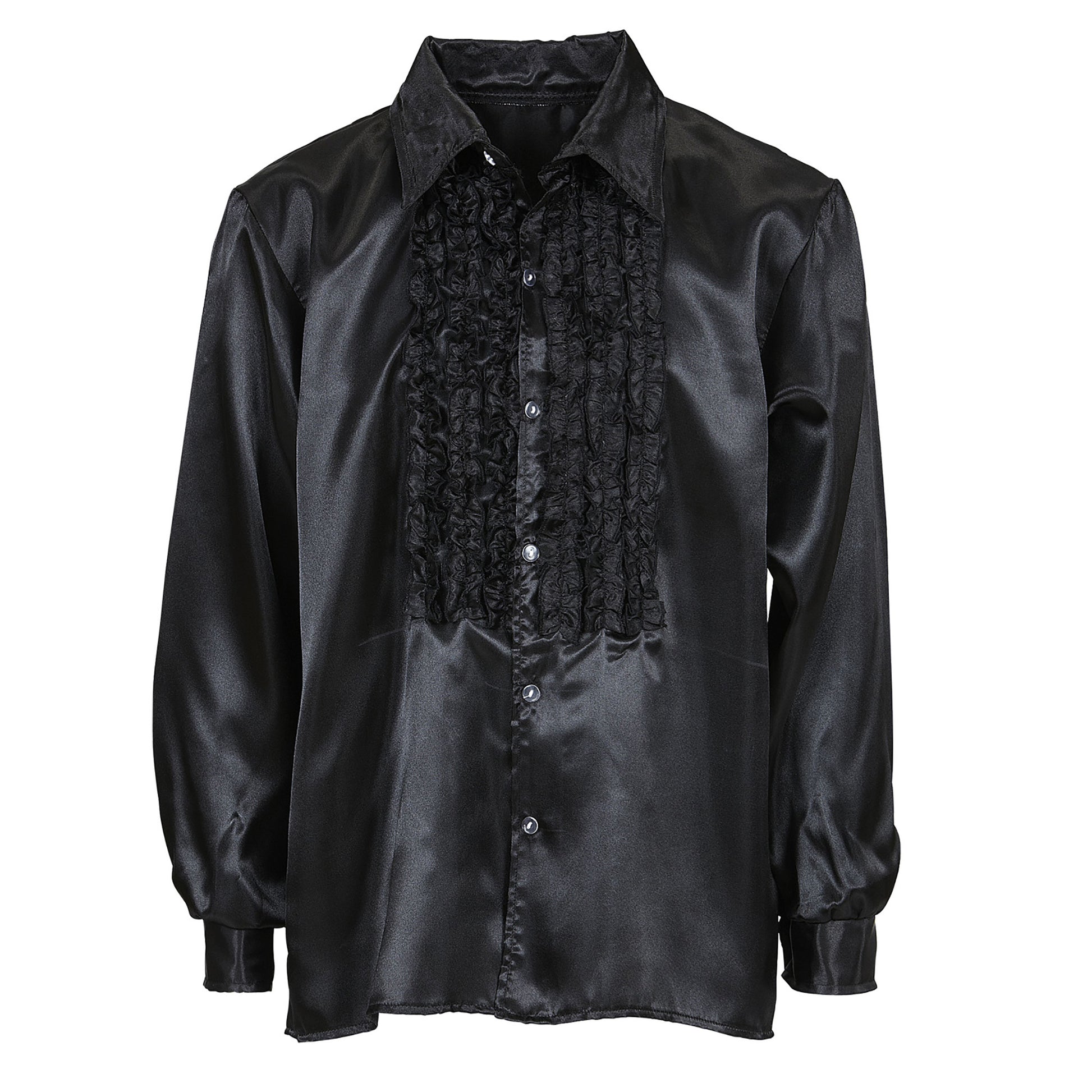 "70er JAHRE DISCO FASHION - SCHWARZ" (Rüschenhemd aus Satin) – Detailansicht