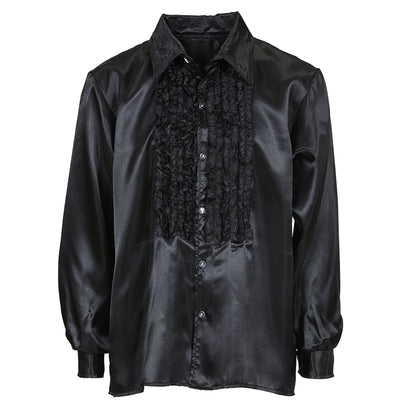 "70er JAHRE DISCO FASHION - SCHWARZ" (Rüschenhemd aus Satin) – Detailansicht